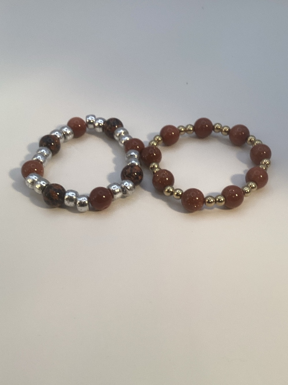 Gold and Silver Beaded Brown Stone Stretch Bracelets - Unbranded